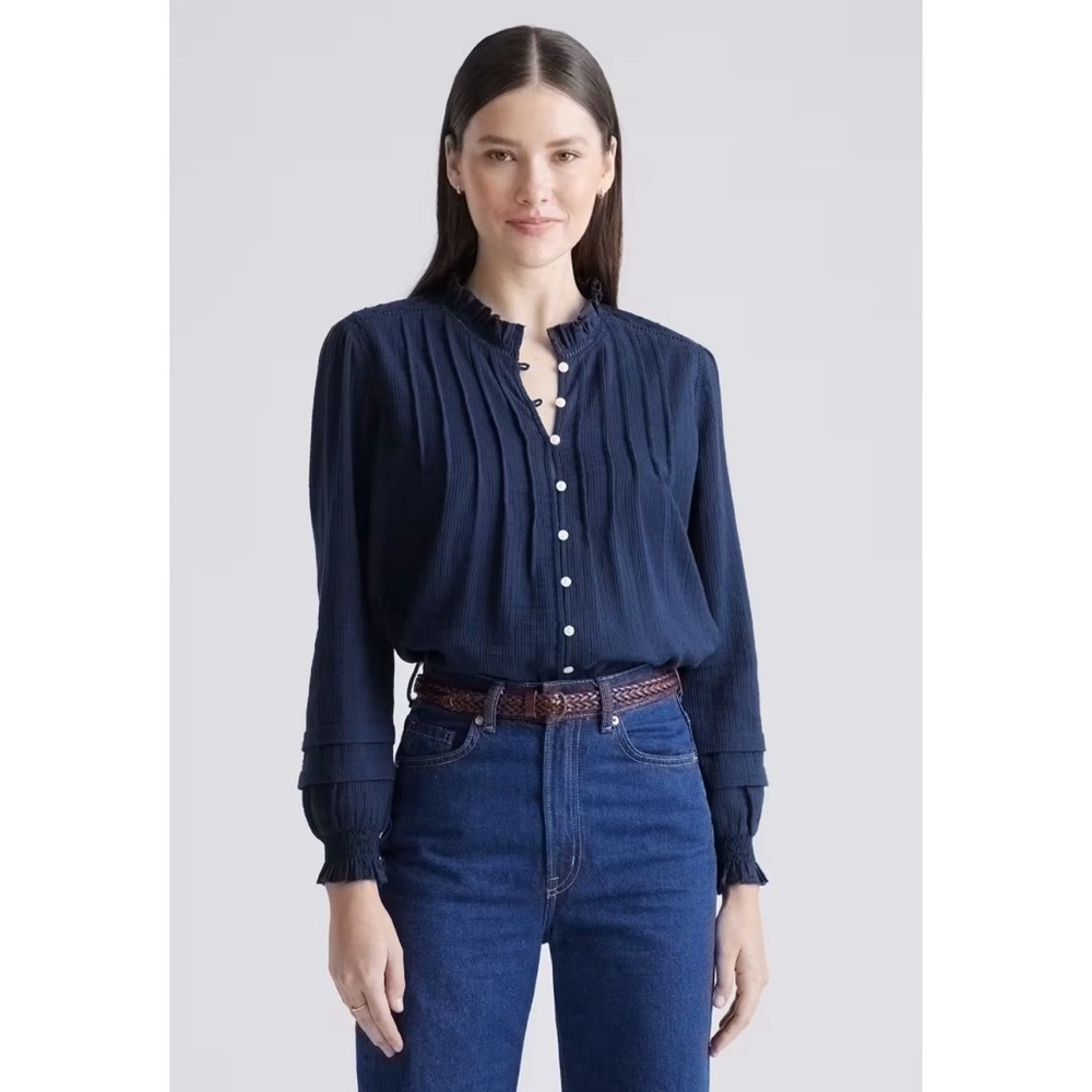 Quince Organic Textured Cotton Peasant Blouse Navy